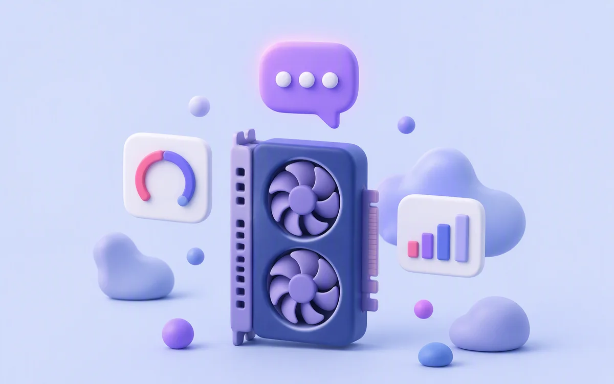 3D clay illustration of a GPU with a chat bubble and VRAM gauge
